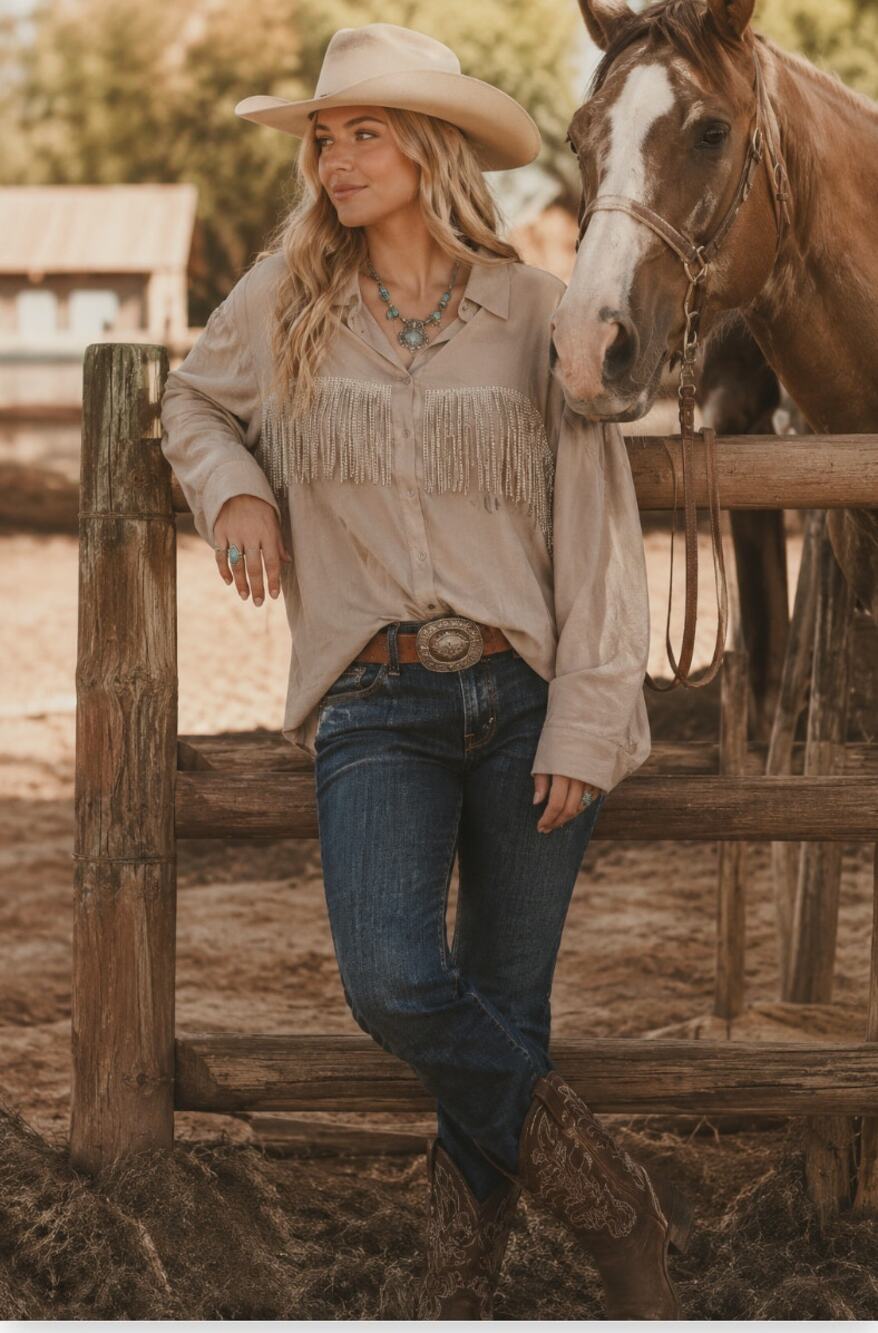 Savanna Jane 1x Top Tan Rhinestone Tassels Western Long Sleeve Western Boho 1x